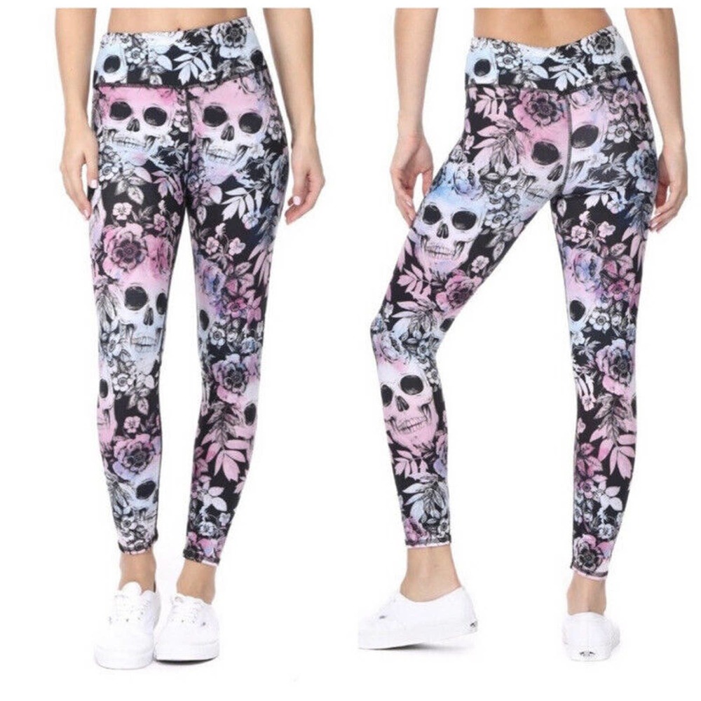 EVCR Sofia Sugar Skulls 7/8 Leggings Black Aqua Rose Pink Women Size Large